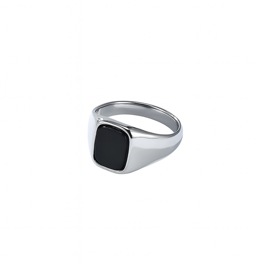 Squared Black Onyx Inlay Stone Signet Ring
