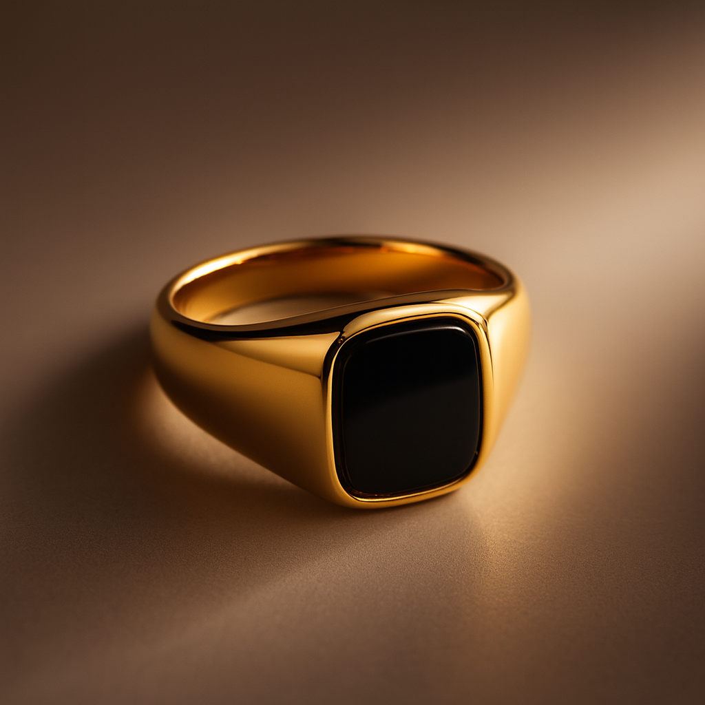 Squared Black Onyx Inlay Stone Signet Ring