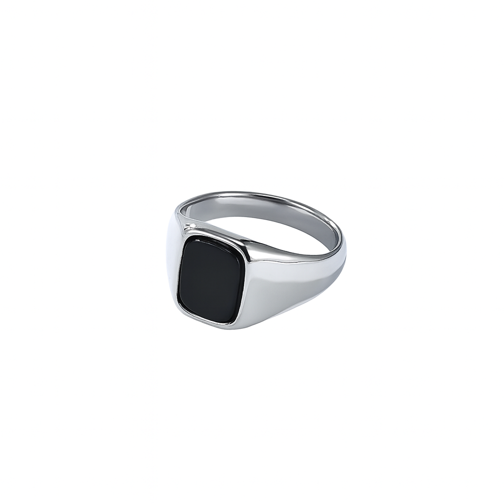 Squared Black Onyx Inlay Stone Signet Ring