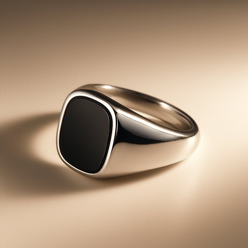 Squared Black Onyx Inlay Stone Signet Ring